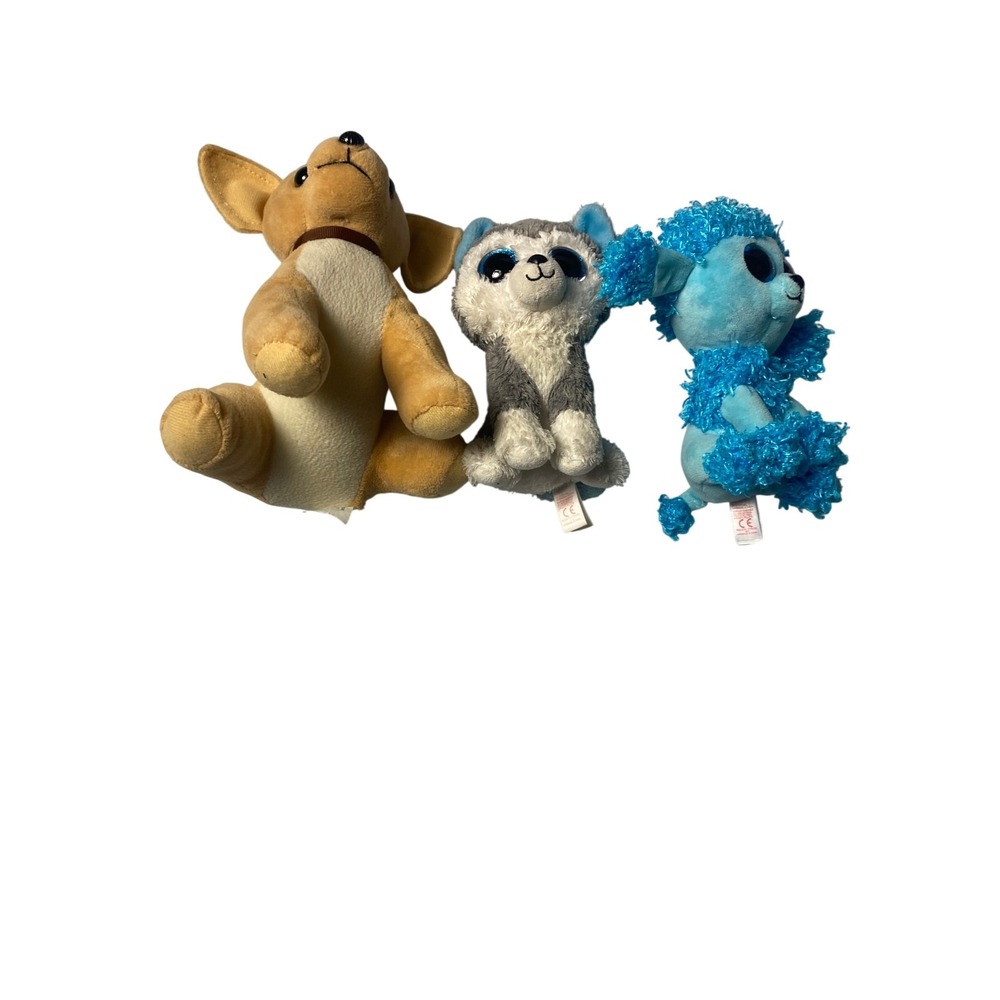 Lot of 3 Plush Dogs Ty Beanie‎ Boos Blue Poodle Husky Chihuahua Stuffed Animals